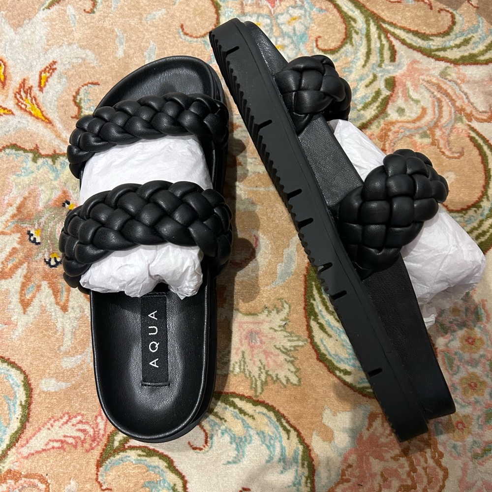 Aqua Black Braided Lug Sole Round Toe Slip On Slide Sandals size 8